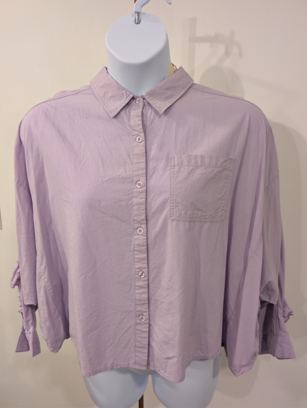 1057 - EASEL Lavender Ruffle Back Button Down Blouse Womens NWT Size L